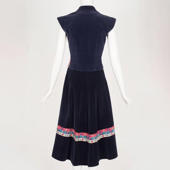 1950s Vintage Folk Floral Ribbon Navy Blue Cotton Velvet Top & Skirt Set Sz XS - Picture 4 of 7